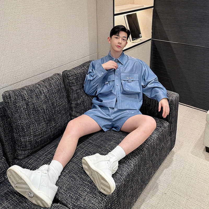 2024春夏设计感工装仿牛仔压膜立体口袋衬衣男套装韩版两件套,淘宝优惠券,粉丝福利购,淘宝优惠卷