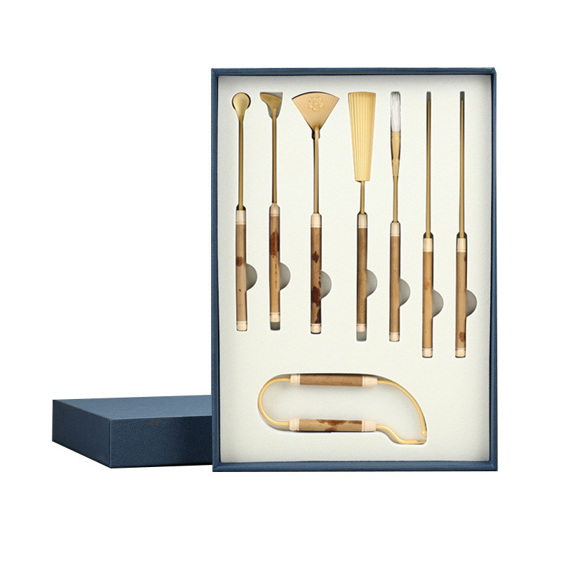 r706x湘妃竹子黄铜香道七件金/仿套装色香篆模香印工具器具香勺 - 图0