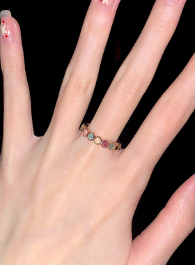 碧玺彩虹戒指女小众开口调节素圈