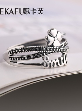 S925纯银四叶草戒指女复古百搭