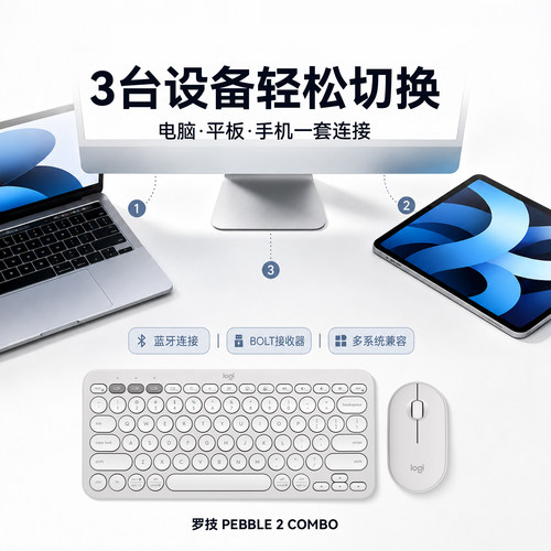 罗技Pebble2Combo无线蓝牙键盘鼠标套装轻音便携iPad笔记本电脑 - 图0