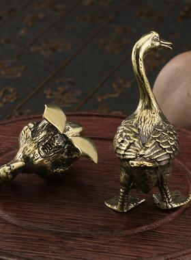 古铜工艺品古黄铜对鹅摆件茶席茶宠家居办公室装饰摆件收藏品
