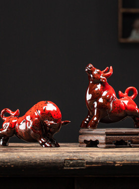 创意陶瓷生肖牛红色招财摆件小红牛年吉祥物牛气冲天茶室桌面摆设