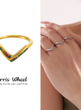 V字镶满钻5A锆石侧边开口可调节不锈钢戒指女不掉色食指戒