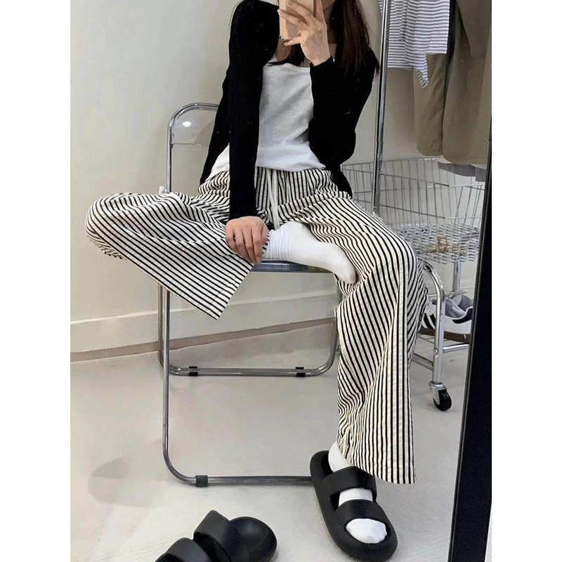 黑白竖条纹小个子夏季女大码休闲慵懒遛弯胖mm显瘦宽松阔腿裤,淘宝优惠券,粉丝福利购,淘宝优惠卷