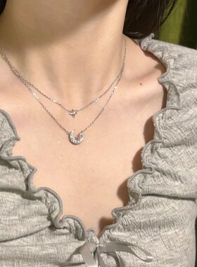 双层叠戴星月项链女生纯银999轻奢小众高级感锁骨链2025新款爆款