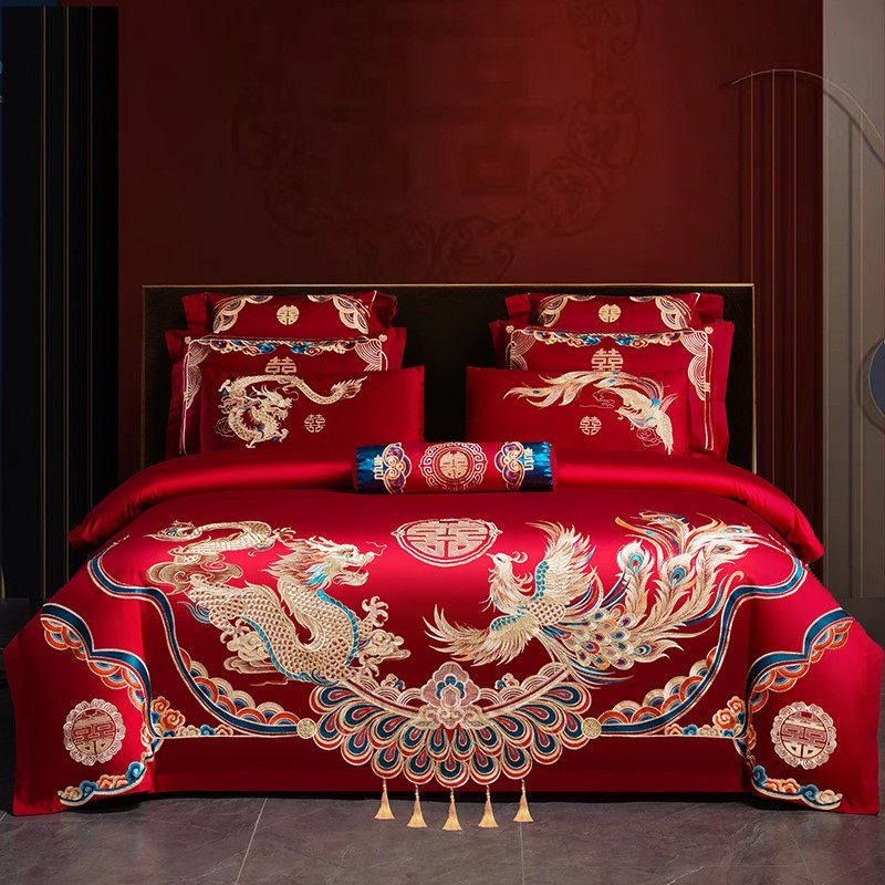新婚庆四件套大红全棉刺绣结婚房嫁喜被龙凤纯棉六十件套床上用品,淘宝优惠券,粉丝福利购,淘宝优惠卷