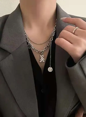 简约双层可爱小熊项链女ins嘻哈