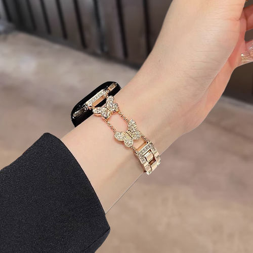 苹果手表表带瘦身蝴蝶镶钻链式适用applewatchs10金属腕带9/7/se2 - 图3