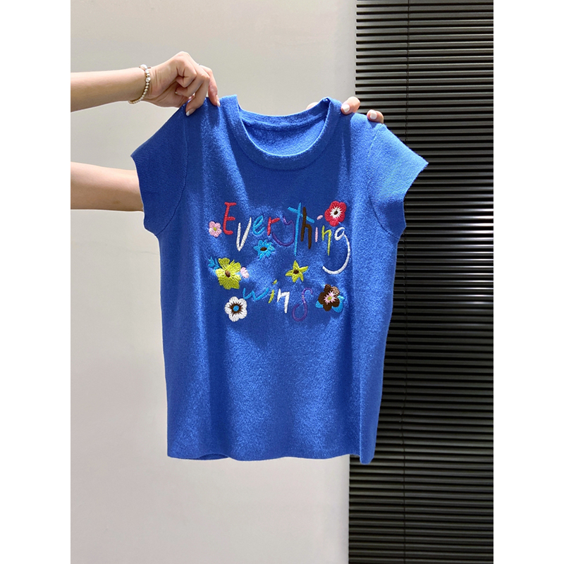 小飞袖针织短袖T恤女2025夏季新款修身显瘦别致绝美无袖小衫上衣 - 图0