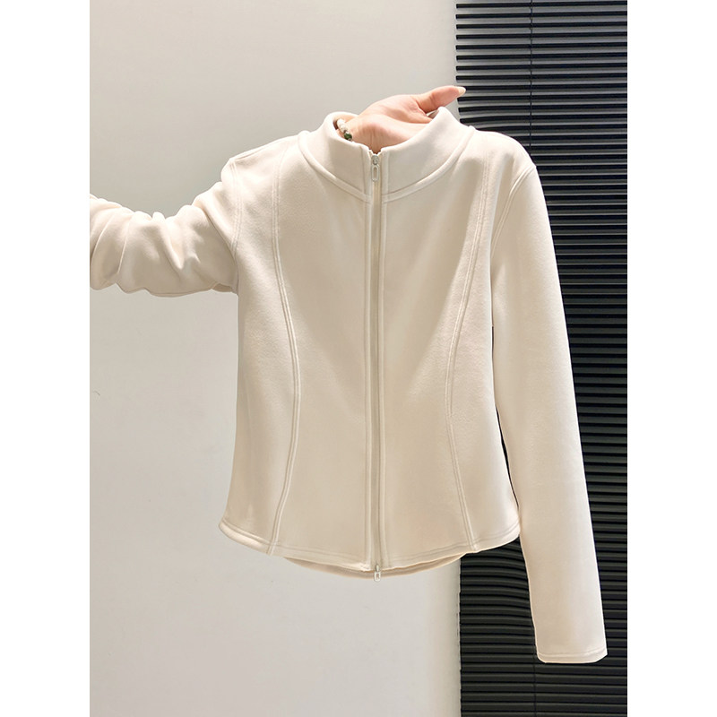 秋冬季立领加绒加厚德绒长袖打底衫女收腰显瘦短款双拉链上衣外套,淘宝优惠券,粉丝福利购,淘宝优惠卷
