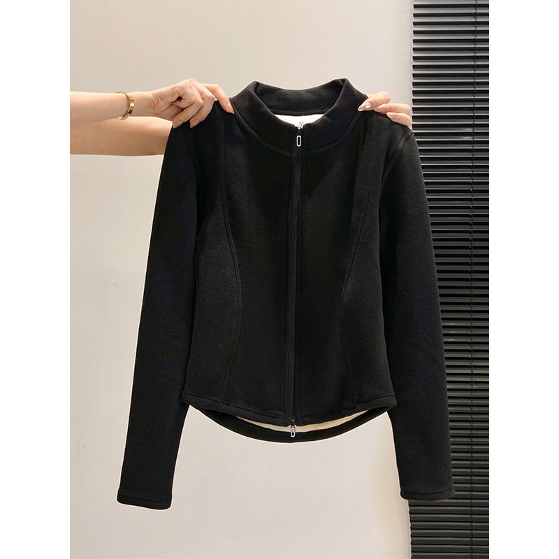 秋冬季立领加绒加厚德绒长袖打底衫女收腰显瘦短款双拉链上衣外套,淘宝优惠券,粉丝福利购,淘宝优惠卷