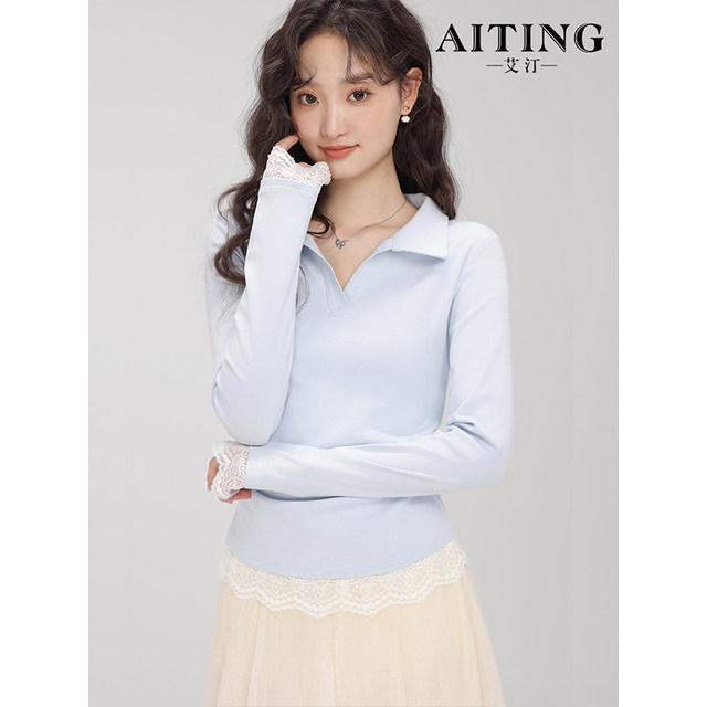 Polo collar slim long sleeve t-shirt for women with lace splicing