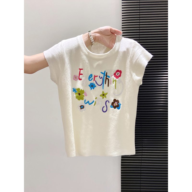 小飞袖针织短袖T恤女2025夏季新款修身显瘦别致绝美无袖小衫上衣 - 图1