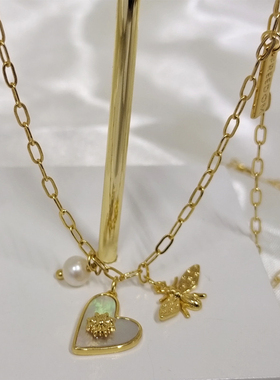 夏季小众新品IU李知恩同款韩版高级感蜜蜂珍珠甜心吊坠项链锁骨链