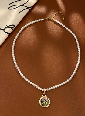 法式复古淡水珍珠项链女高级珐琅彩山茶花吊坠原创设计轻奢颈饰品