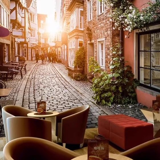 复古老街景西餐厅壁纸咖啡厅怀旧壁画8D立体建筑饭店自粘墙纸墙布,淘宝优惠券,粉丝福利购,淘宝优惠卷