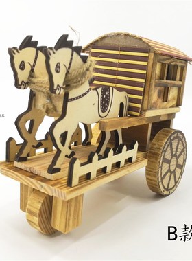 快速发货木制仿古音乐马车马x拉轿车创意音乐盒木制工艺品摆件混