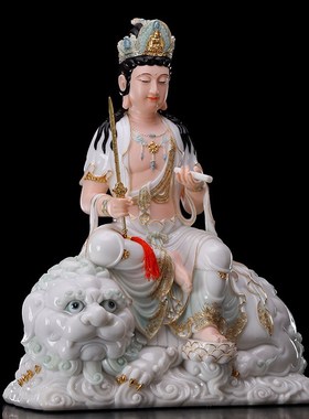 快速发货文殊普贤菩萨佛像家用客厅供奉汉白玉珐S琅彩华严三圣摆