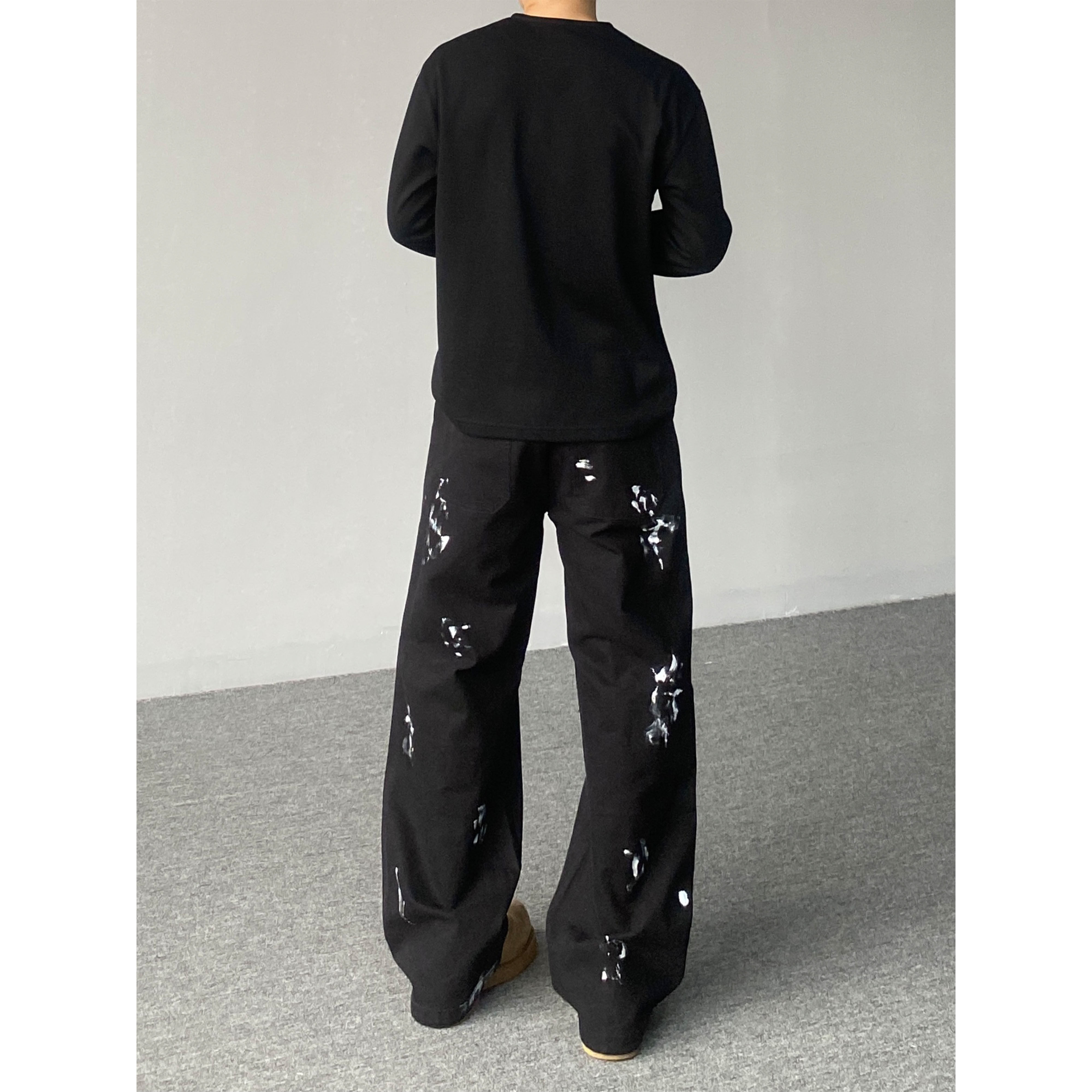 98SQUID 美式复古做旧泼墨破坏重工牛仔裤男女宽松休闲阔腿长裤潮 - 图2