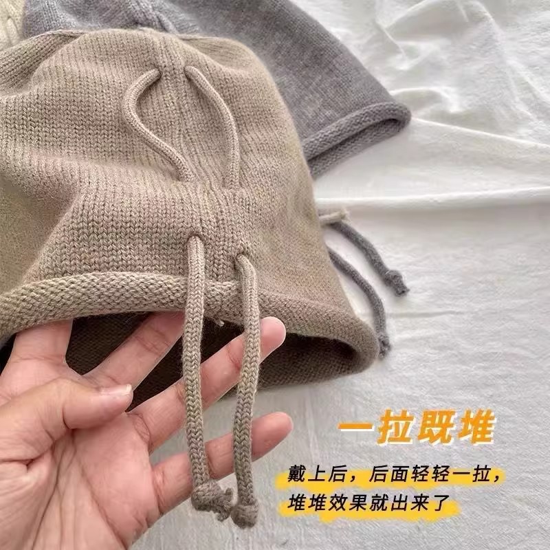 堆堆帽抽绳式针织毛线帽子女秋冬季大头围百搭包头冷帽网红显脸小 - 图2