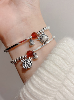 925纯银手镯女银珠福字本命年手链ins小众设计轻奢复古精致手饰