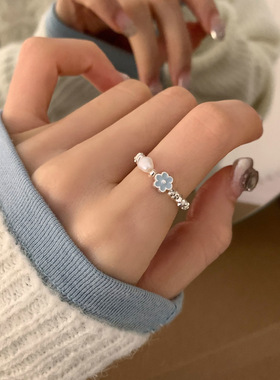 小清新滴釉珍珠戒指女小众设计百搭简约高级时尚开口可调节手指环