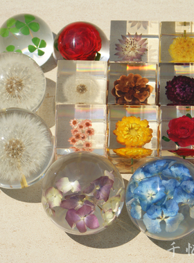 蒲公英标本四叶草玫n瑰花松果水晶球树脂小摆件立方体滴胶成品镇
