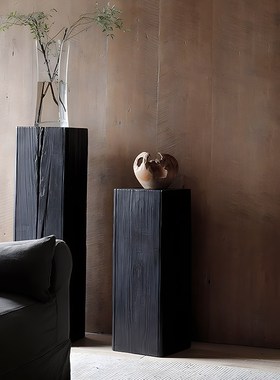 侘寂风黑色方形碳k化实木墩子民宿原木花架雕塑展示台木桩底座摆