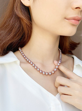 九紫离火紫色正圆无核珍珠项链女淡水珍珠项链高品质锁骨链送女友