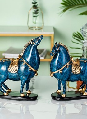 中式生肖牛摆件唐马摆p件家居客厅摆设办公室开业礼品蓝色的牛摆