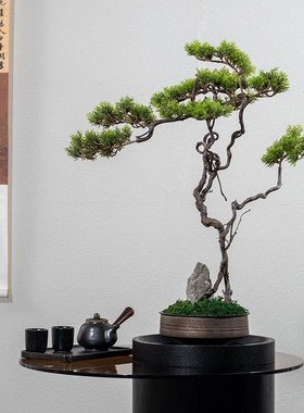 中式客厅盆景仿真迎客松绿植造景摆件办公室N室内盆栽玄关桌面装