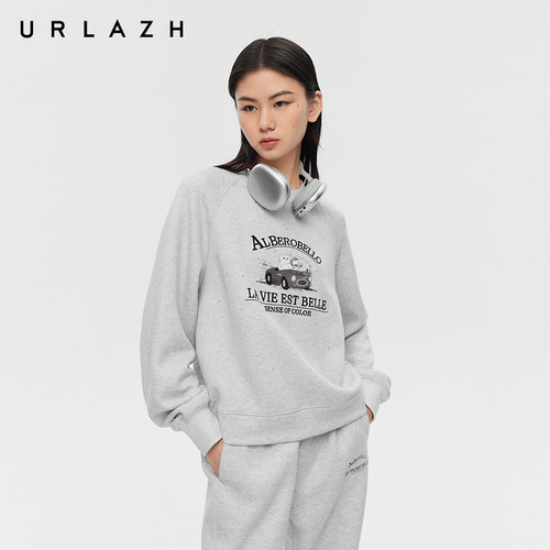 URLAZH有兰春季新款美式复古夹花灰圆领插肩袖印花烫钻宽松卫衣女 - 图0