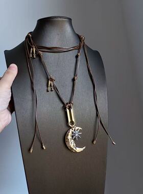 中古vintage月牙芒星蜡绳项链