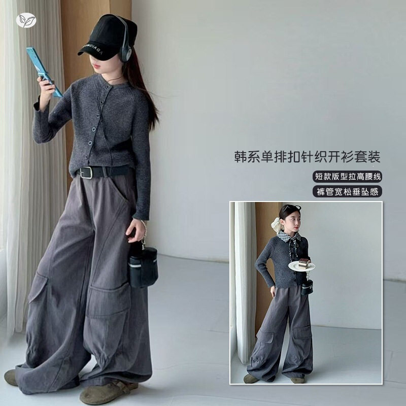 Girls' autumn new casual plaid bow tie sweater layered PU leather vest gray overalls suit