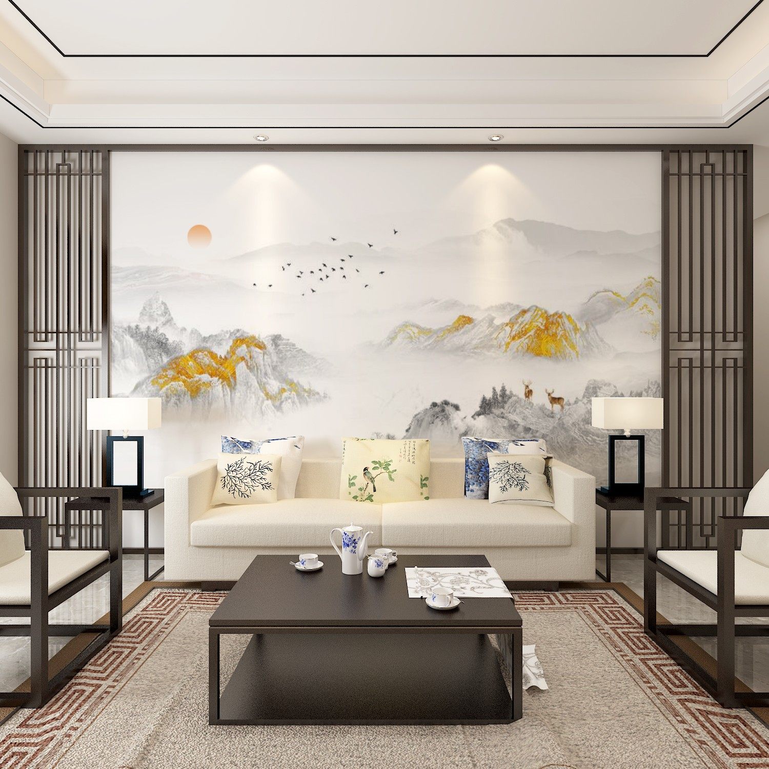 新中式大气金色麋鹿山水壁画客厅电视背景墙壁纸轻奢沙发影视墙布,淘宝优惠券,粉丝福利购,淘宝优惠卷