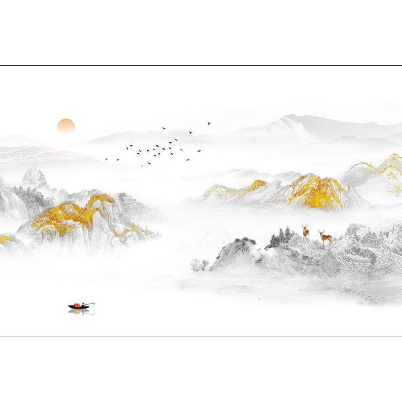 新中式大气金色麋鹿山水壁画客厅电视背景墙壁纸轻奢沙发影视墙布,淘宝优惠券,粉丝福利购,淘宝优惠卷