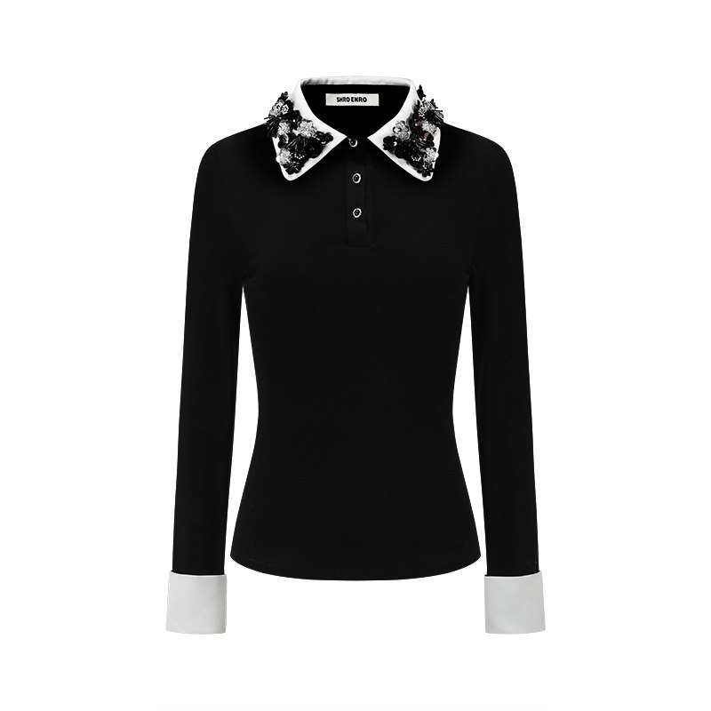 SHRO ENRO2025秋季新款可拆卸手工钉花修身Polo针织打底衫女上衣,淘宝优惠券,粉丝福利购,淘宝优惠卷