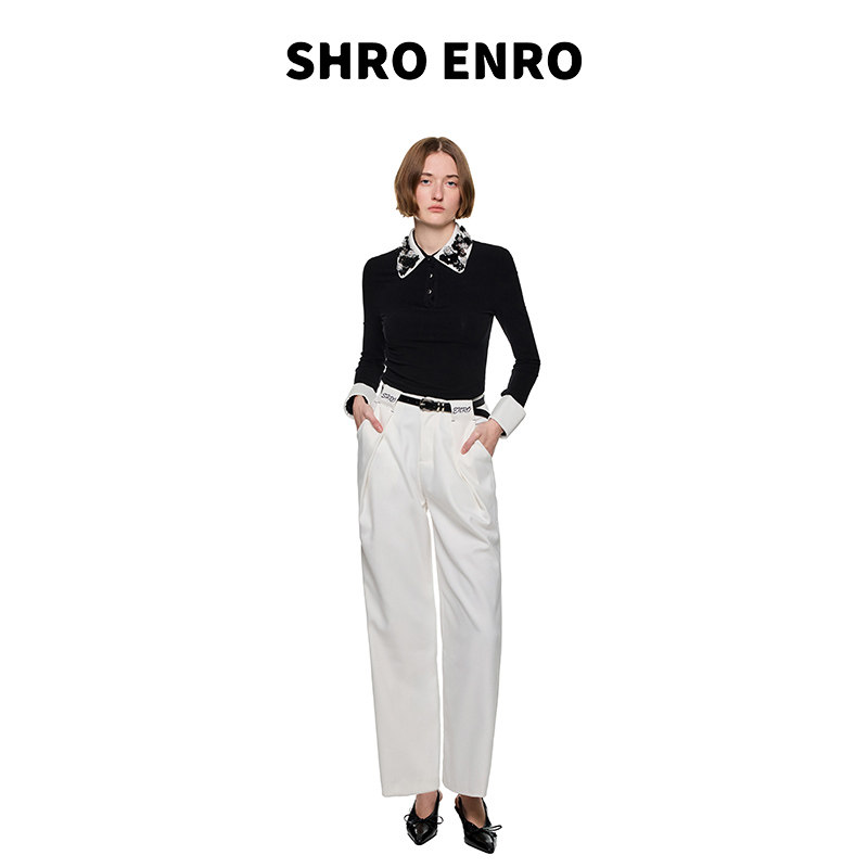 SHRO ENRO2025秋季新款可拆卸手工钉花修身Polo针织打底衫女上衣,淘宝优惠券,粉丝福利购,淘宝优惠卷