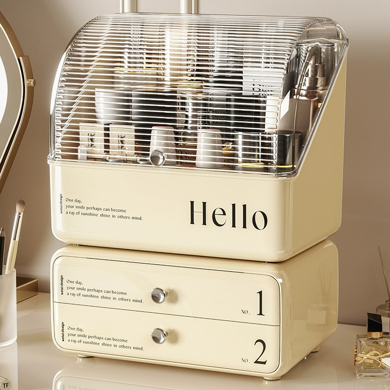 ins奶油风化妆品收纳盒桌面防B尘梳妆台护肤品口红置物架整理箱柜 - 图0