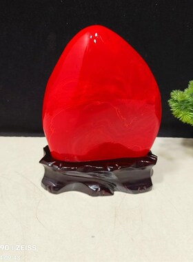 精品鸡血红家居办公室装饰礼品收藏红色奇石风T水摆件石头送座