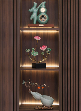 葫芦福字摆件新中式家居玄关客厅装饰陶J瓷冰裂釉福财双收高档礼