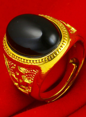 戒指男款女士墨翠黑玛瑙纯金首饰