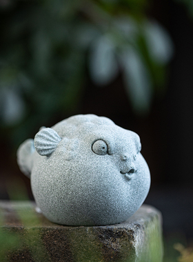 国风青砂石可爱河豚摆件动物创意客厅办公室桌面鱼缸景观装饰摆设