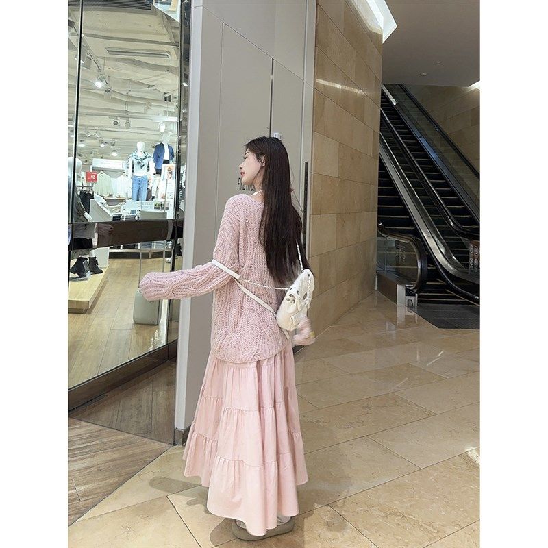 蝴蝶结宽松长袖针织毛衣蕾丝吊带背心粉色半身裙女秋季时尚套装潮,淘宝优惠券,粉丝福利购,淘宝优惠卷