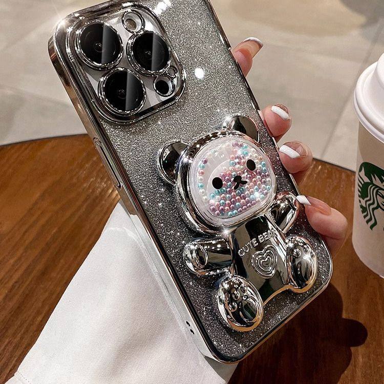 流沙爱心熊支架适用苹果16promax手机壳15pm电镀软壳14带镜头膜13,淘宝优惠券,粉丝福利购,淘宝优惠卷