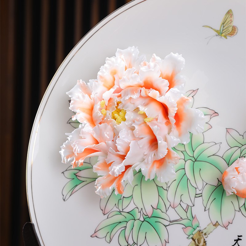 骨瓷手工手绘牡丹花挂盘摆件洛阳牡丹瓷客厅酒柜S电视柜博古架装 - 图3