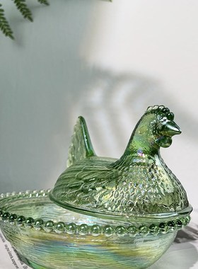 美单外贸出口玻璃糖盅绿色母鸡摆B件装饰重工糖缸艺术装饰品工艺