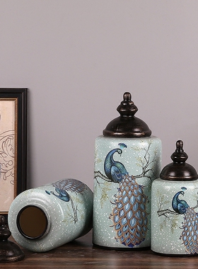 复古美式乡村花鸟陶瓷罐花瓶家居装饰品J工艺品软装酒柜客厅摆件