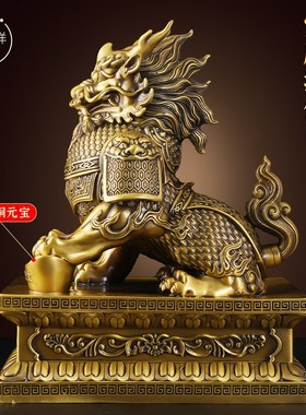 黄铜麒麟公母一对摆件装饰门口玄关家居卧室客厅办公室店铺摆设